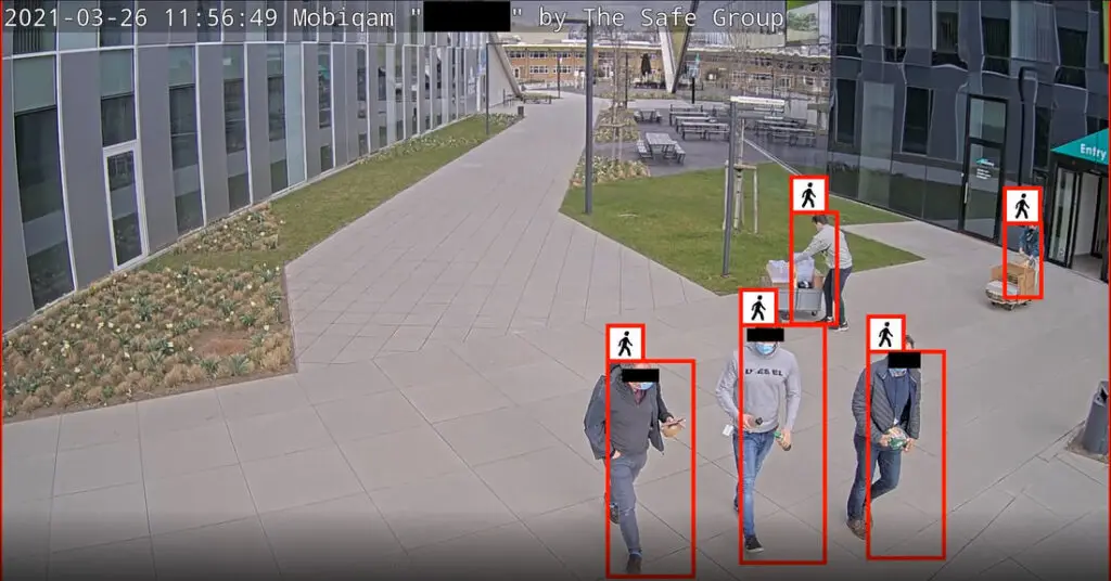 camerabeelden van een bedrijvencampus, waarop door AI mensen aangemerkt worden