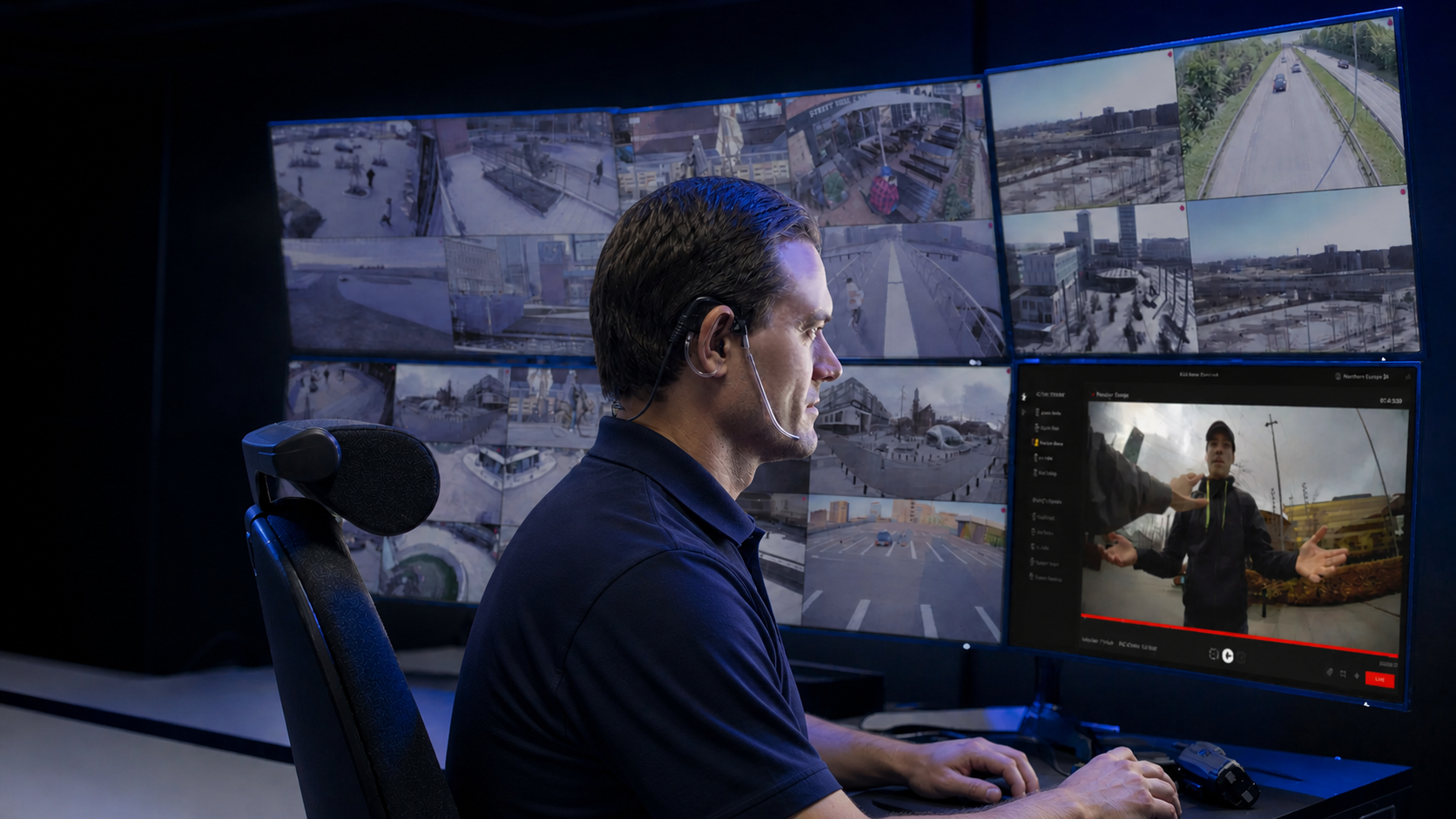 man met headset in control room met camerabeelden