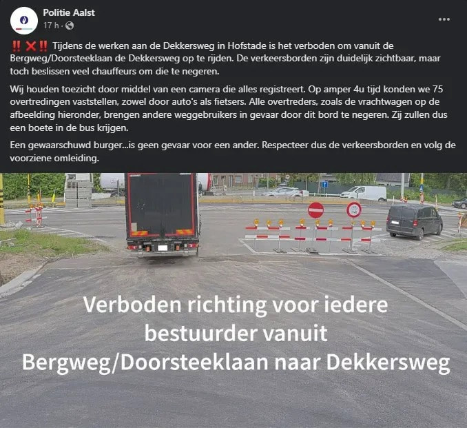 Facebookbericht van Politie Aalst over het respecteren van een verbodsbord bij een openbare werf.